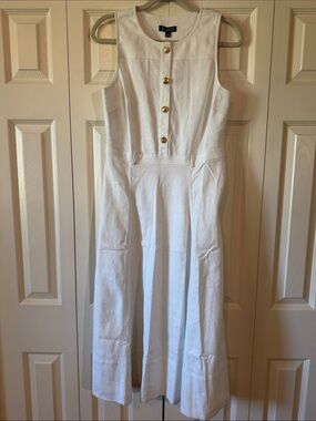 J. Crew White Sleeveless Linen Midi Dress with Gold Buttons